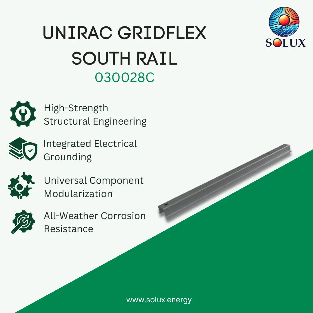 Promotional graphic for the UNIRAC GRIDFLEX SOUTH RAIL cable guard rail, model 030028C, by Solux. The image features a diagonal split background of off-white and green, with product specifications listed on the left and a 3D rendering of the dark gray metal rail on the right.